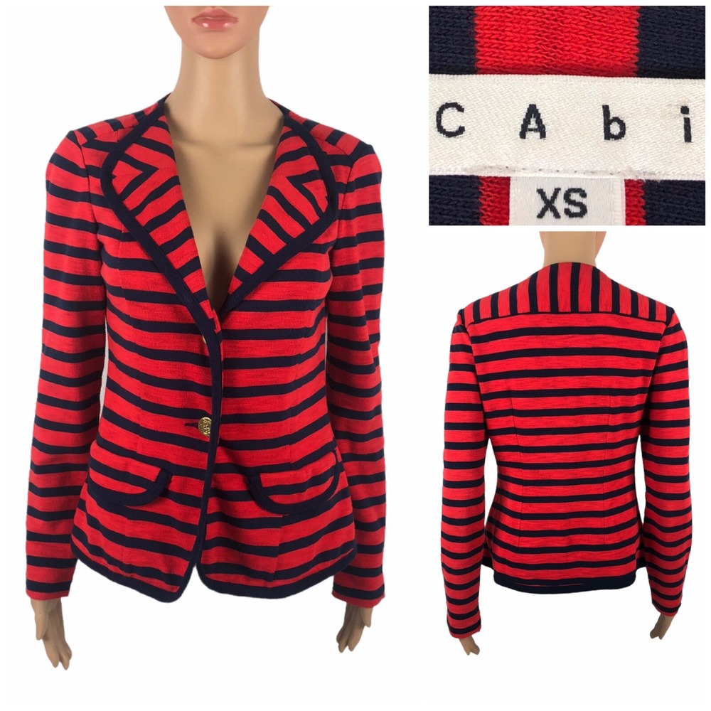 CAbi Womens XS Blazer Au Revoir Yacht Club Red Blue Stripe Jacket #224 EUC